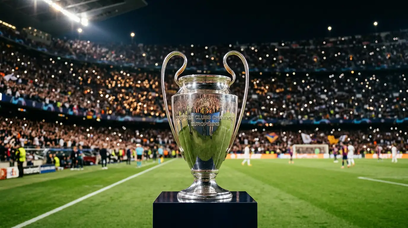Henkelpott der UEFA Champions League im beleuchteten Stadion
