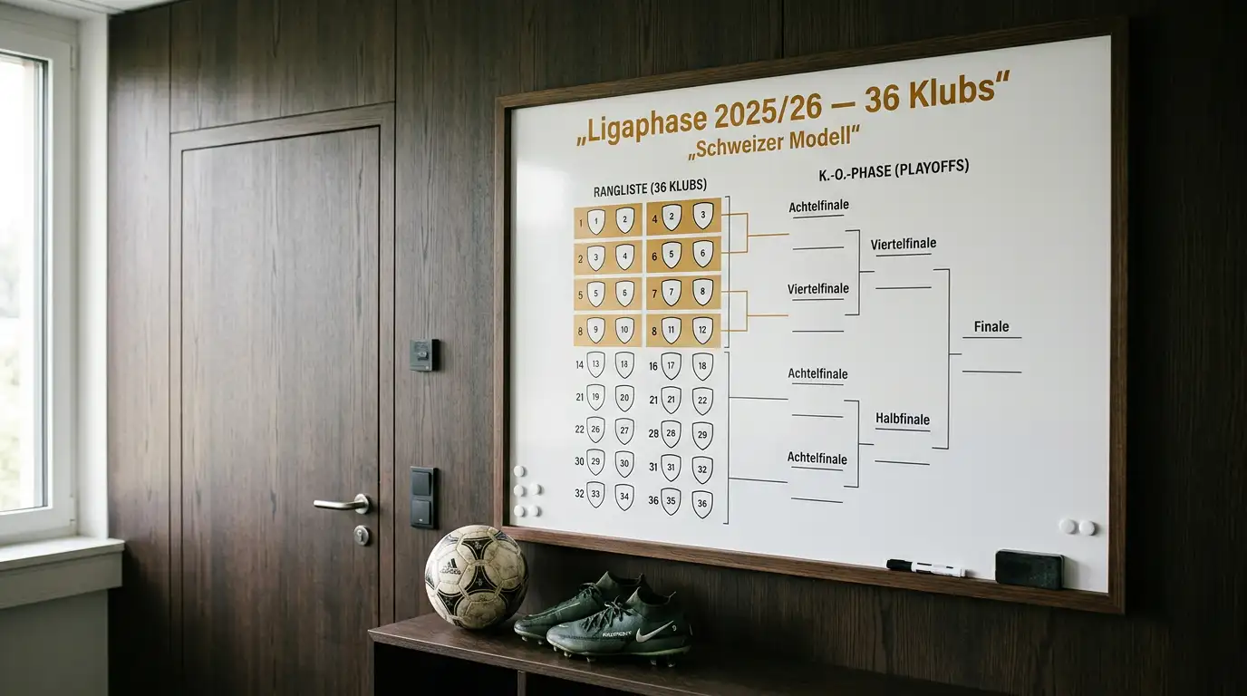 Übersichtstafel zur Ligaphase der UEFA Champions League 2025/26 mit 36 Teams